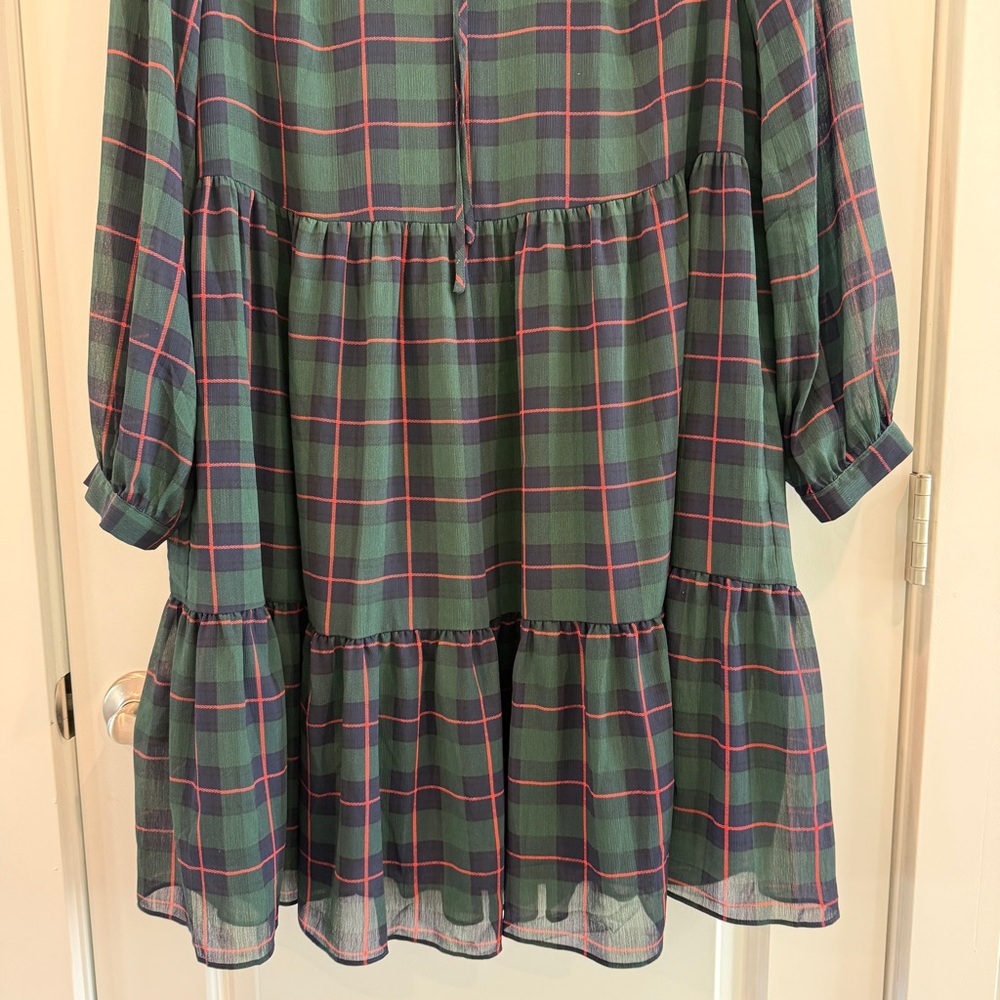 J. Crew Tie Neck Tiered Dress in Black Watch Tartan Green Navy Red Color sz XL - Picture 6 of 14